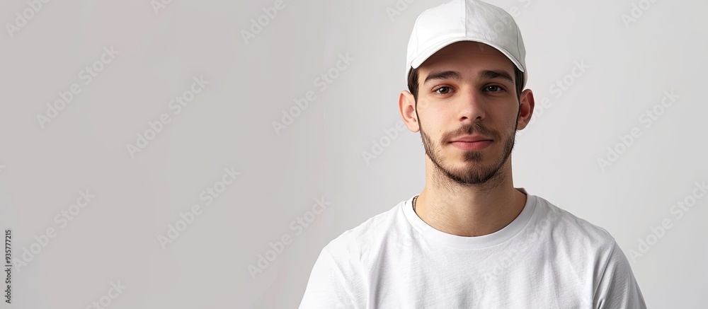 Attractive man in a plain white cap isolated on a white background. Copy space image. Place for adding text and design Attractive man in a plain white cap isolated on a white background. Copy space image. Place for adding text and design