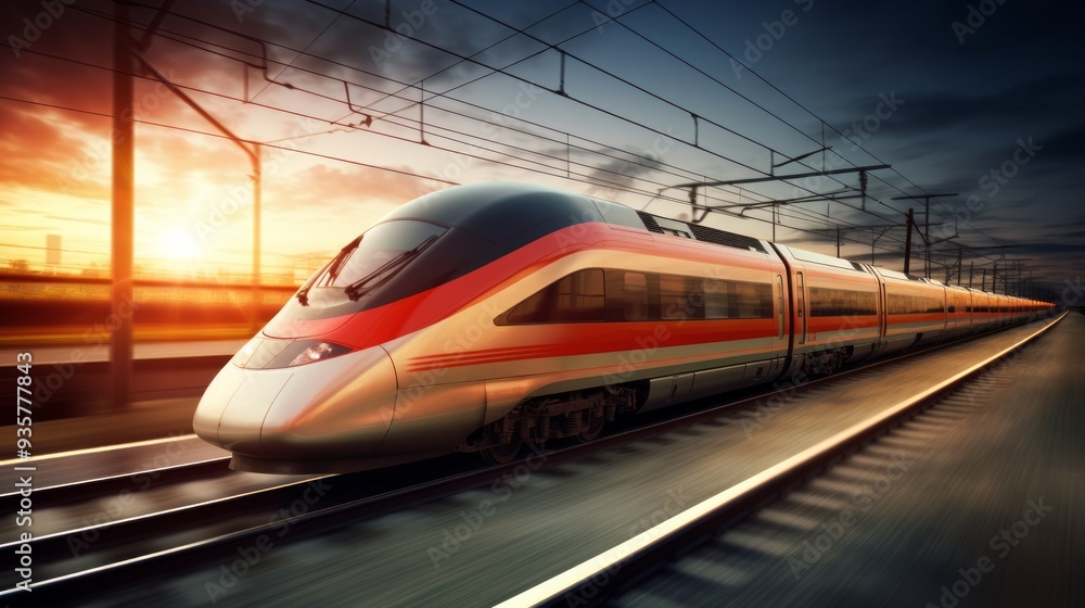 Fototapeta premium High speed train in motion on the railway station at sunset. Neural network ai generated art