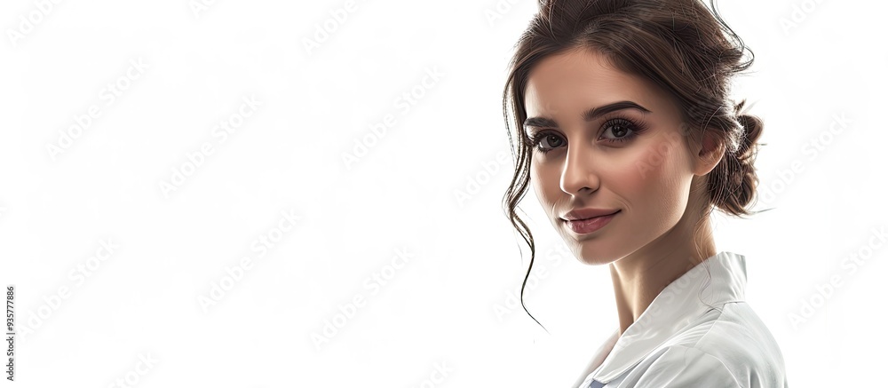 Attractive young female doctor in a white uniform isolated against a white background. Copy space image. Place for adding text and design Attractive young female doctor in a white uniform isolated against a white background. Copy space image. Place for adding text and design