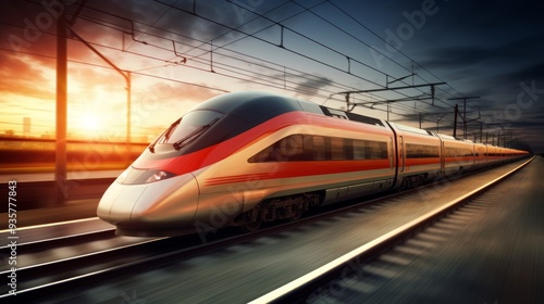 High speed train in motion on the railway station at sunset. Neural network ai generated art