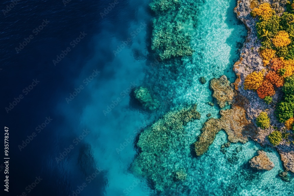 Fototapeta premium An aerial view where vivid coral reefs meet the deep blue ocean waters, showcasing the striking contrast and natural harmony between the vibrant marine life and serene waters.