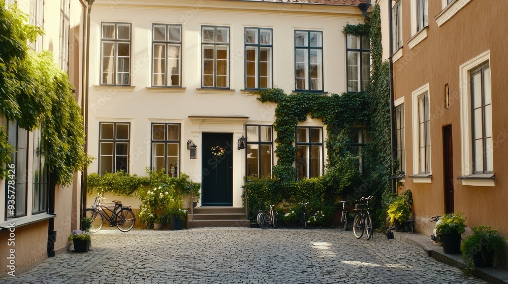 A quaint street in the city center invites tranquility with vibrant greenery, parked bicycles, and warm light reflecting off the cobblestones on a sunny morning A quaint street in the city center invites tranquility with vibrant greenery, parked bicycles, and warm light reflecting off the cobblestones on a sunny morning