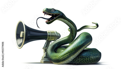 Serpent speaks in megaphone laying symbol disinformation, concept photo