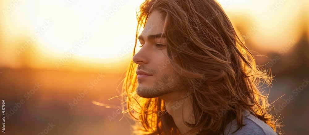 Attractive young man with long hair standing in the evening light. Copy space image. Place for adding text and design Attractive young man with long hair standing in the evening light. Copy space image. Place for adding text and design