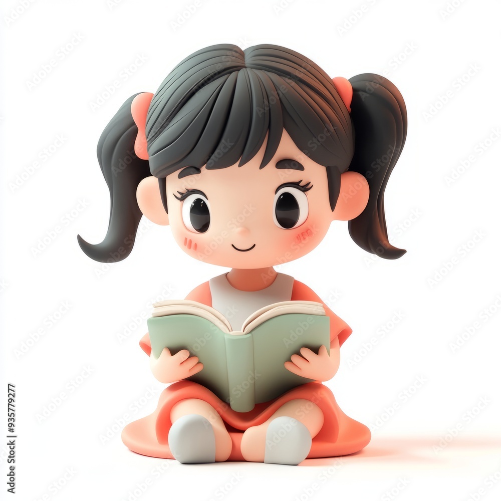 Kawaii Clay Girl Reading Icon - 3D Blender Model, Isolated, White Background Kawaii Clay Girl Reading Icon - 3D Blender Model, Isolated, White Background