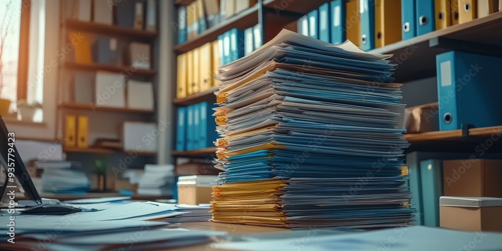 Obraz premium A large stack of papers on an office desk with binders in the background