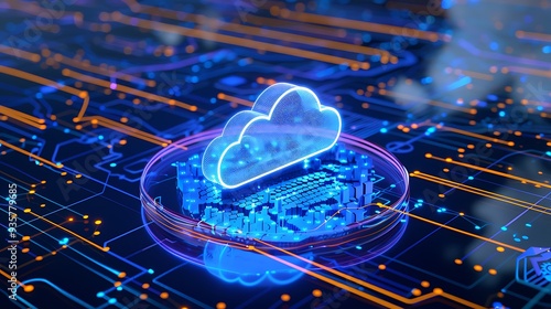 Futuristic 3D cloud technology concept with digital circuit board and holographic elements representing data storage and connectivity.