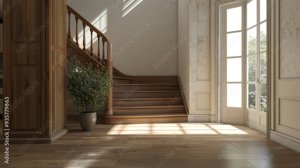 Fototapeta premium Wooden staircase in a modern home interior