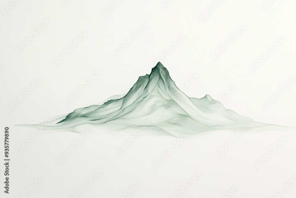 A subtle minimalist mountain range depicted in soft green tones delicately floating on a light background A subtle minimalist mountain range depicted in soft green tones delicately floating on a light background