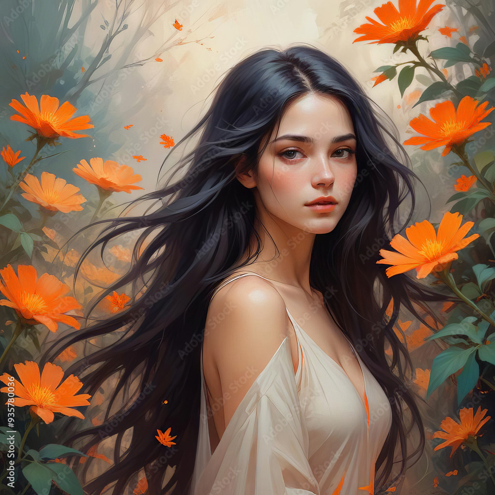 Beautiful long-haired girl with orange flowers Beautiful long-haired girl with orange flowers