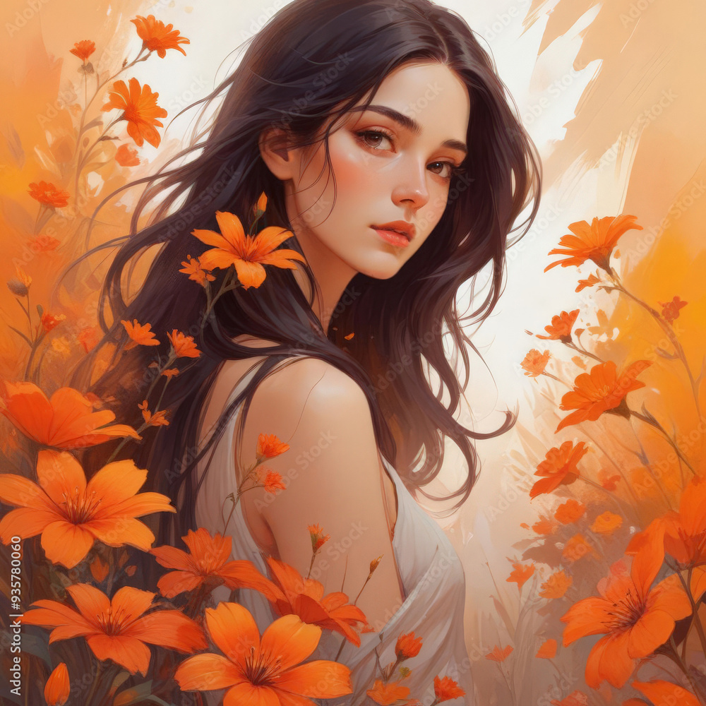 Beautiful long-haired girl with orange flowers Beautiful long-haired girl with orange flowers