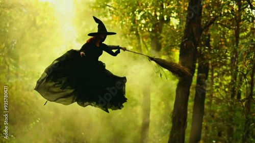 Silhouette of a Witch Flying on a Broom, Mysterious and Enchanting, Against a Moonlit Halloween Sky