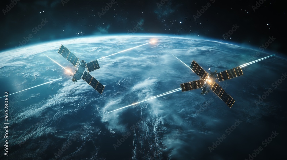 Obraz premium Two futuristic satellites in orbit around Earth, connected by energy beams, showcasing advanced technology and space exploration