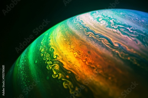 This image portrays a vibrant, colorful planet with swirling patterns and textured surface floating majestically in deep space, evoking intrigue and cosmic beauty. photo