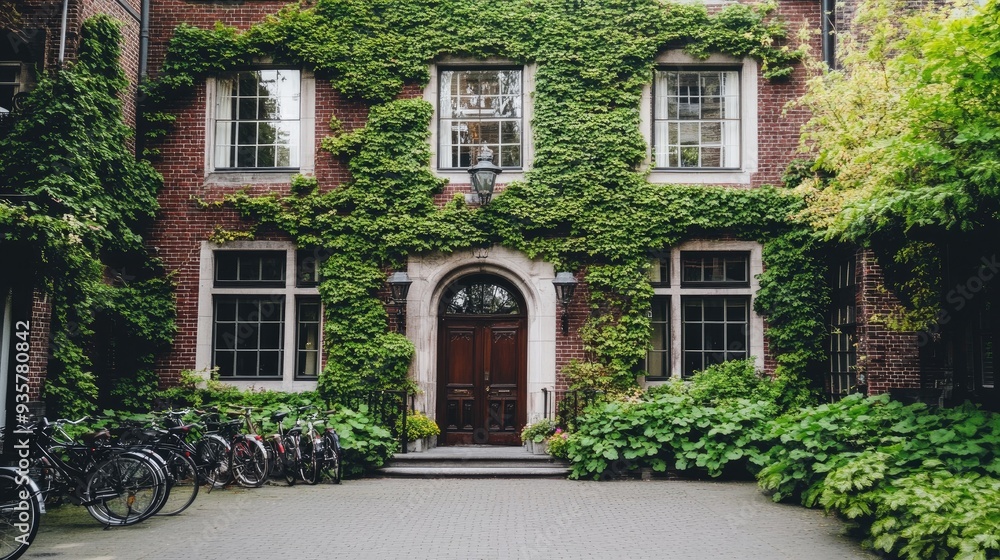 A quaint street in the city center invites tranquility with vibrant greenery, parked bicycles, and warm light reflecting off the cobblestones on a sunny morning A quaint street in the city center invites tranquility with vibrant greenery, parked bicycles, and warm light reflecting off the cobblestones on a sunny morning