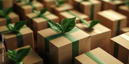 Eco-friendly gift boxes adorned with green leaves, symbolizing sustainability and nature-friendly packaging solutions.