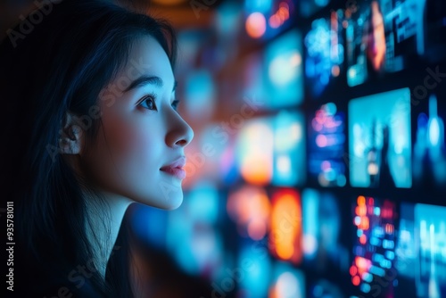 A woman gazing thoughtfully at multiple colorful digital screens in a dimly lit room