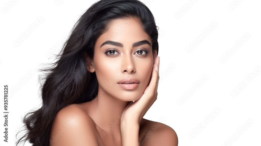 Beautiful indian woman face and body with hands on her face on transparent background PNG.
Beautiful indian woman face and body with hands on her face on transparent background PNG.