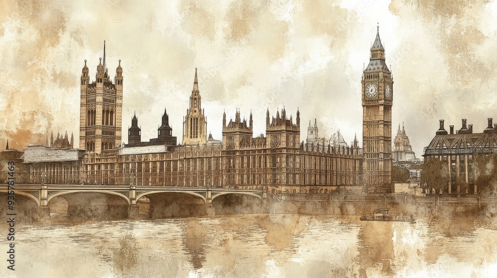 Fototapeta premium Artistic sepia painting of the historic Palace of Westminster and Big Ben in London, showcasing timeless architecture along the Thames.