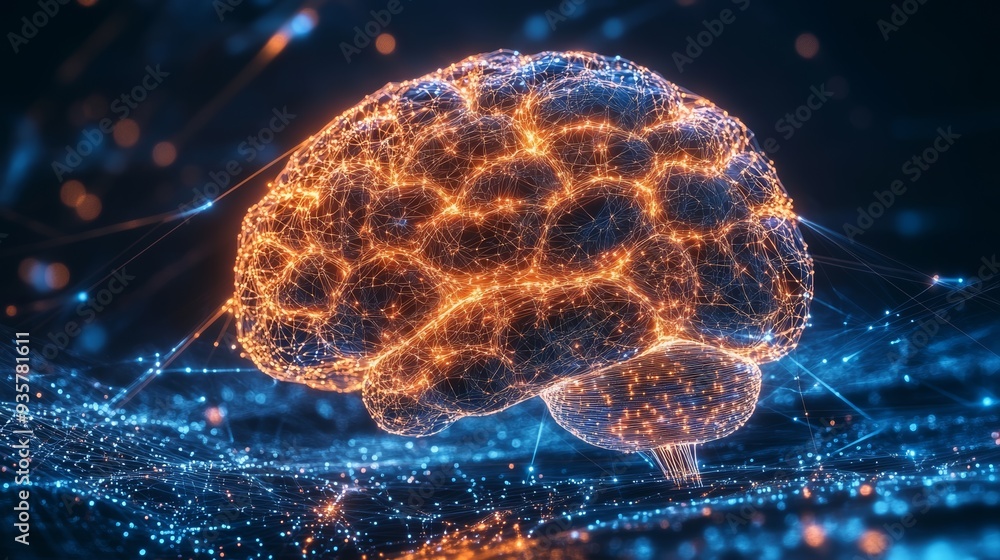 A glowing, digitally rendered brain interconnected with bright orange and blue lines, symbolizing neural networks and advanced technology A glowing, digitally rendered brain interconnected with bright orange and blue lines, symbolizing neural networks and advanced technology