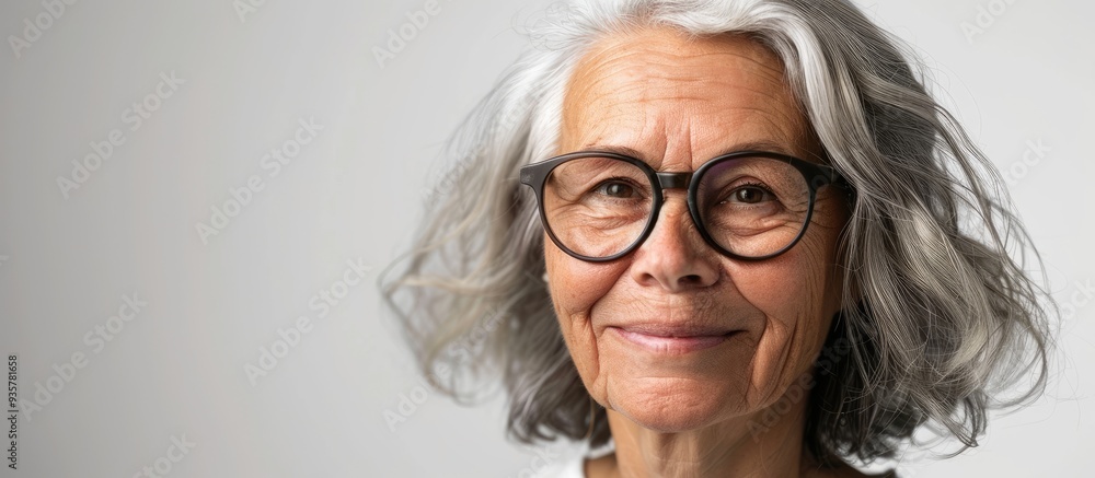 Portrait of a smiling attractive elderly Caucasian woman with gray hair and glasses casually looking at the camera against a white studio background with copy space Themes include beauty health care Portrait of a smiling attractive elderly Caucasian woman with gray hair and glasses casually looking at the camera against a white studio background with copy space Themes include beauty health care