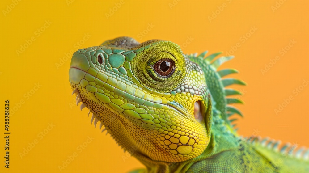Fototapeta premium Close-up portrait of a vibrant green iguana head showing detailed scales and eye against a bright yellow background.