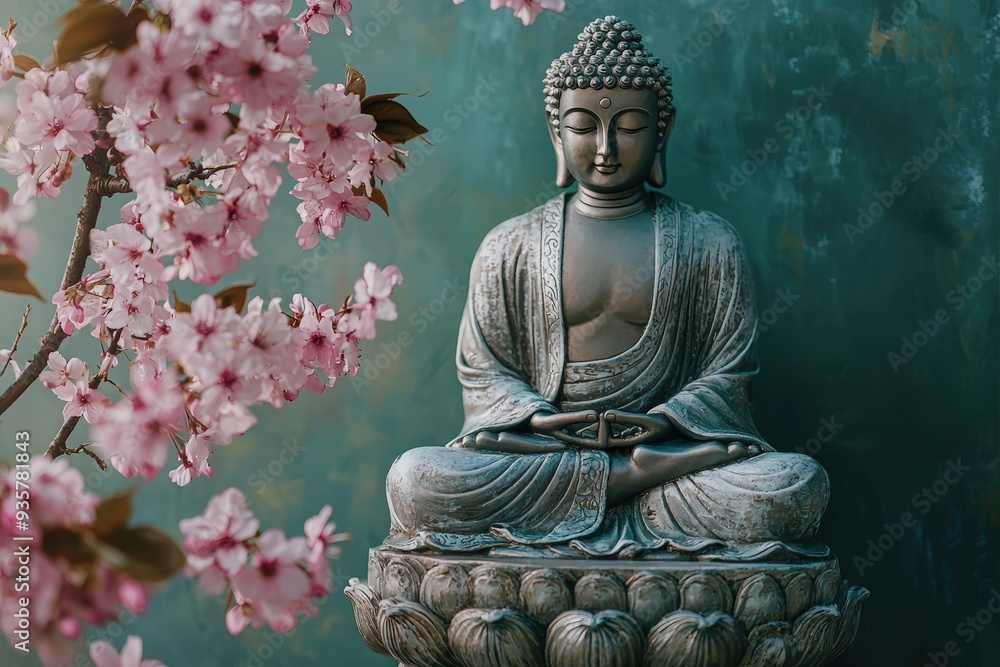 Fototapeta premium Buddha statue with cherry blossom