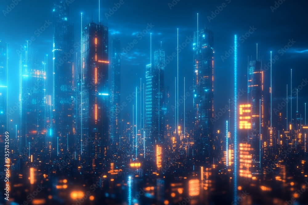 A futuristic cityscape illuminated by glowing skyscrapers and vibrant lights, showcasing a high-tech environment filled with digital elements and a captivating night atmosphere A futuristic cityscape illuminated by glowing skyscrapers and vibrant lights, showcasing a high-tech environment filled with digital elements and a captivating night atmosphere