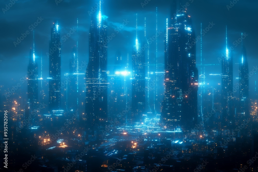 Fototapeta premium A futuristic cityscape illuminated by neon lights and towering skyscrapers, set against a misty backdrop, evoking a sci-fi atmosphere