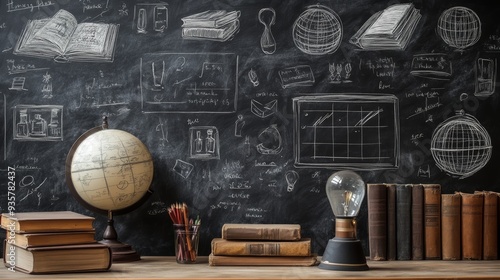 A classroom scene featuring a chalkboard filled with sketches, a globe, books, and a vintage lamp, creating an inspiring educational atmosphere photo