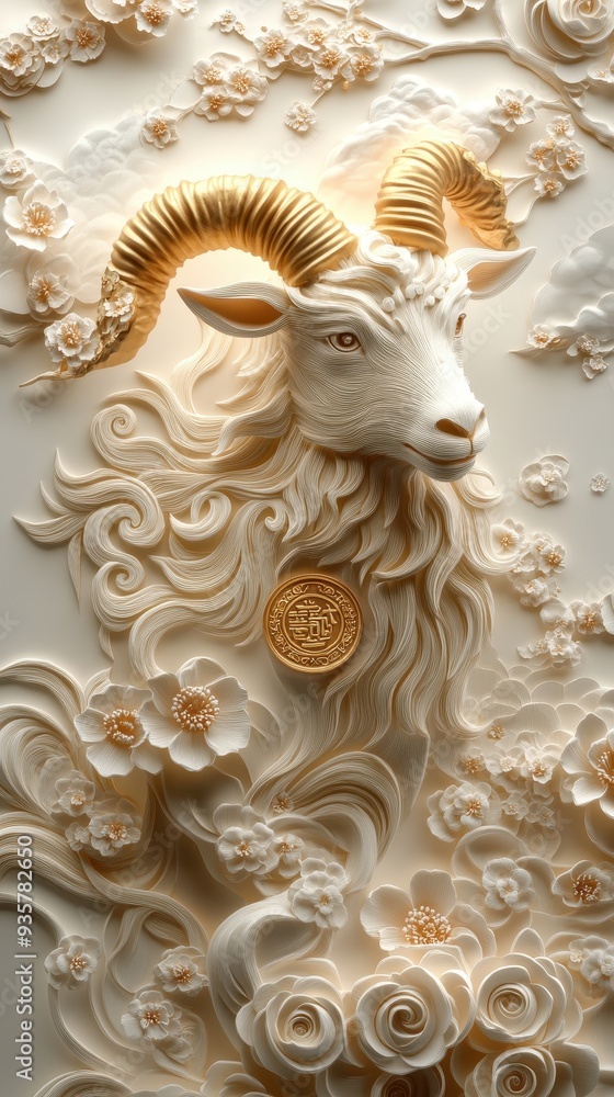 Intricate Paper Art of a Majestic Ram with Golden Horns and Floral Embellishments Intricate Paper Art of a Majestic Ram with Golden Horns and Floral Embellishments