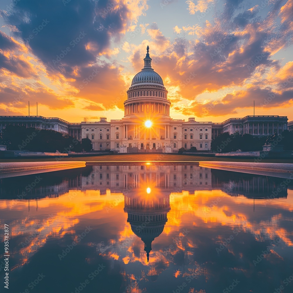 Obraz premium Sunset shot of The United States Capitol Building in Washington, DC. USA American landmark