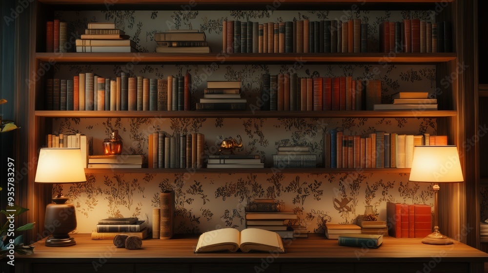 A cozy bookshelf filled with various books in warm tones, illuminated by soft table lamps, creating an inviting reading atmosphere A cozy bookshelf filled with various books in warm tones, illuminated by soft table lamps, creating an inviting reading atmosphere