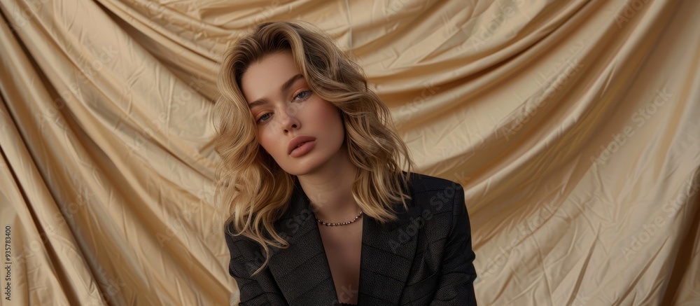 Obraz premium Blonde woman in a fashionable suit gazing at the camera against a beige draped backdrop. Copy space image. Place for adding text and design