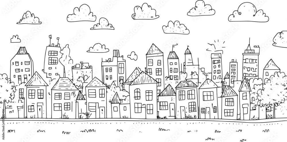 City landscape. Line urban backdrop. Skyline with clouds, different buildings on street, doodle street draw, outline cityscape hand sketch, flat houses. Hand drawn vector illustration City landscape. Line urban backdrop. Skyline with clouds, different buildings on street, doodle street draw, outline cityscape hand sketch, flat houses. Hand drawn vector illustration