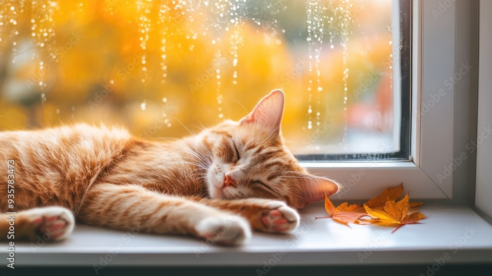 A lazy cat sleeps on a cozy warm window in autumn weather. AI generation A lazy cat sleeps on a cozy warm window in autumn weather. AI generation