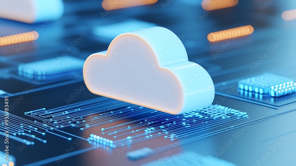 Futuristic cloud computing concept with digital data visualization and cloud icon on a circuit board background. Futuristic cloud computing concept with digital data visualization and cloud icon on a circuit board background.