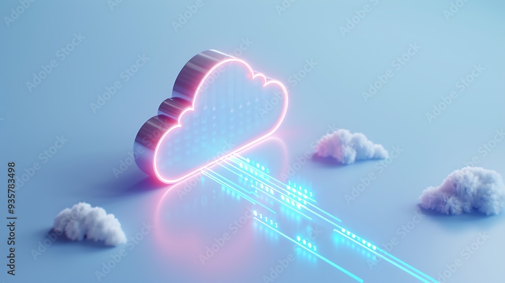 Futuristic cloud computing concept with digital data transfer. Neon glowing cloud and data streams in 3D illustration for technology platform. Futuristic cloud computing concept with digital data transfer. Neon glowing cloud and data streams in 3D illustration for technology platform.
