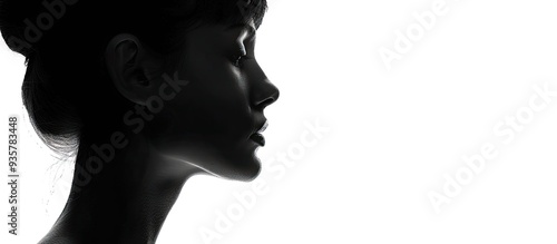 A shadowy portrait of an adorable woman against a white background. Copy space image. Place for adding text and design