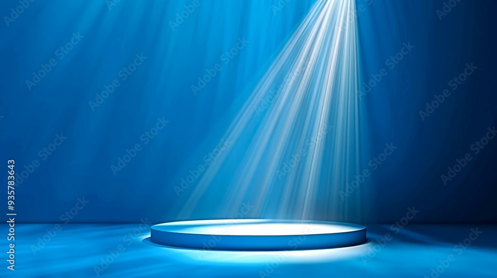 Circular Platform Illuminated by Spotlight on Blue Background Circular Platform Illuminated by Spotlight on Blue Background