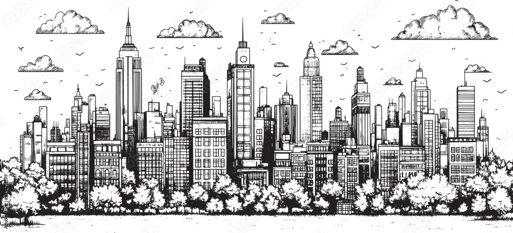 City landscape. Line urban backdrop. Skyline with clouds, different buildings on street, doodle street draw, outline cityscape hand sketch, flat houses. Hand drawn vector illustration City landscape. Line urban backdrop. Skyline with clouds, different buildings on street, doodle street draw, outline cityscape hand sketch, flat houses. Hand drawn vector illustration