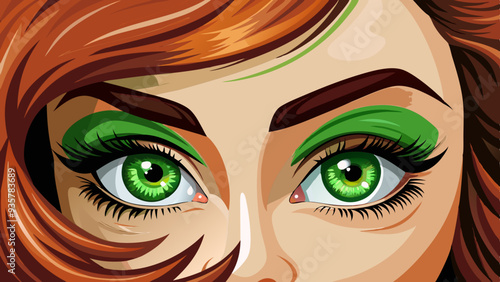 A closeup of a womans green iris and brown eyebrows, enhanced with eyelash mascara, eye shadow, and eye liner for a stunning makeover