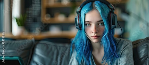 Young teenage girl with blue hair a tablet and headphones. Copy space image. Place for adding text and design