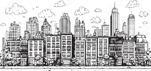 City landscape. Line urban backdrop. Skyline with clouds, different buildings on street, doodle street draw, outline cityscape hand sketch, flat houses. Hand drawn vector illustration