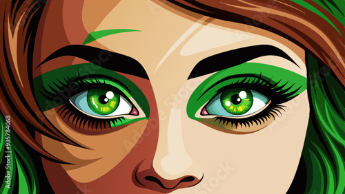 A closeup of a womans green iris and brown eyebrows, enhanced with eyelash mascara, eye shadow, and eye liner for a stunning makeover