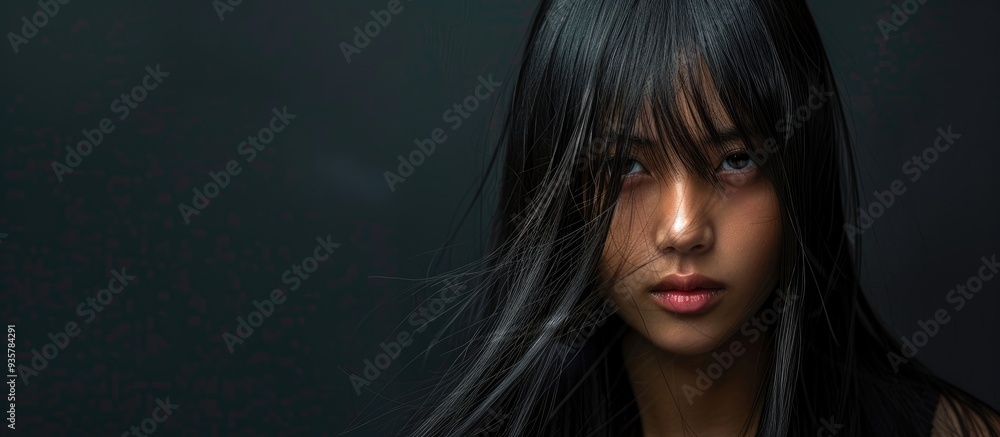 Naklejka premium Fashion Beauty Woman with long straight black hair gazes at the camera conveying emotion Portrait of an Asian girl with a strong expression against a black background copy space