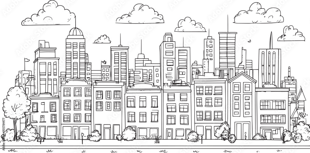 Obraz premium City landscape. Line urban backdrop. Skyline with clouds, different buildings on street, doodle street draw, outline cityscape hand sketch, flat houses. Hand drawn vector illustration