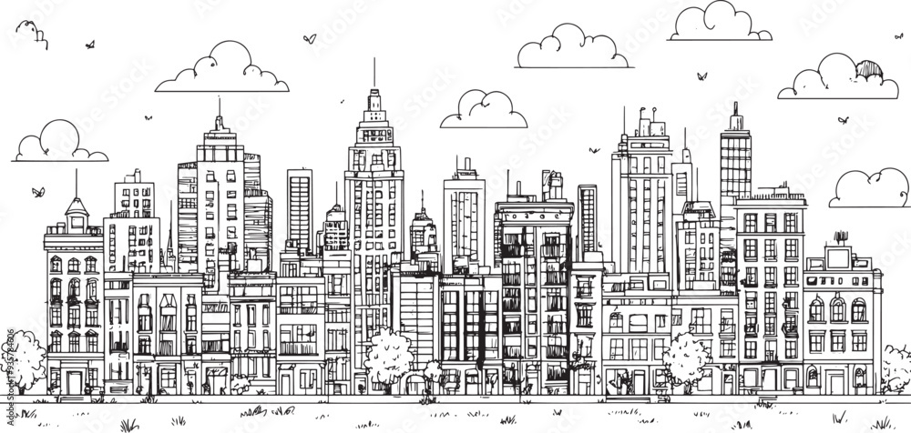 Obraz premium City landscape. Line urban backdrop. Skyline with clouds, different buildings on street, doodle street draw, outline cityscape hand sketch, flat houses. Hand drawn vector illustration