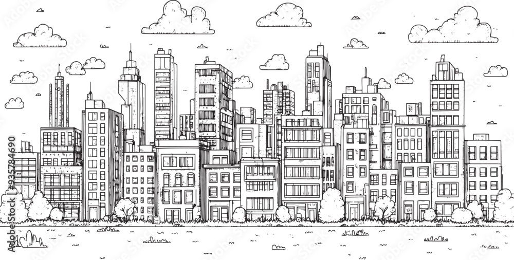 City landscape. Line urban backdrop. Skyline with clouds, different buildings on street, doodle street draw, outline cityscape hand sketch, flat houses. Hand drawn vector illustration