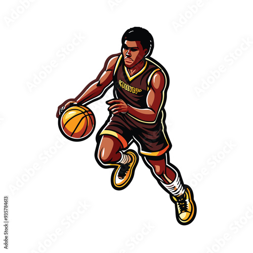 A basketball player in a brown and yellow uniform is about to jump, holding a basketball in his right hand.